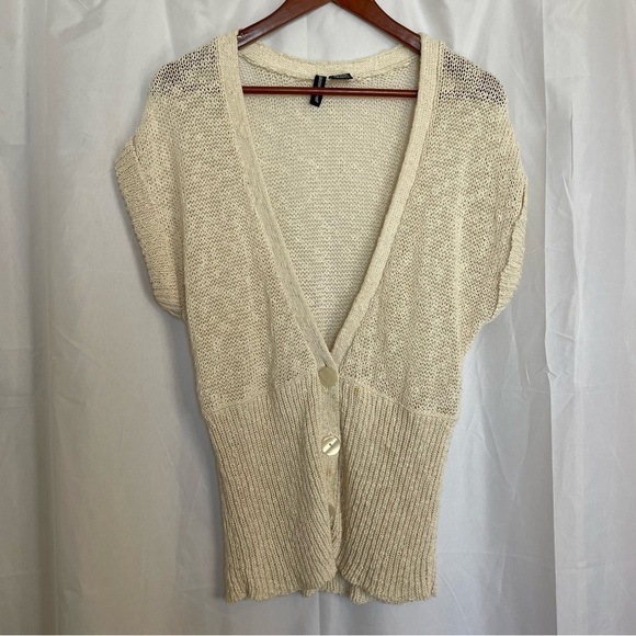 JASON MAXWELL Women’s Cream Short Sleeve V Neck Knit Cardigan Sweater Size Large - Picture 1 of 10